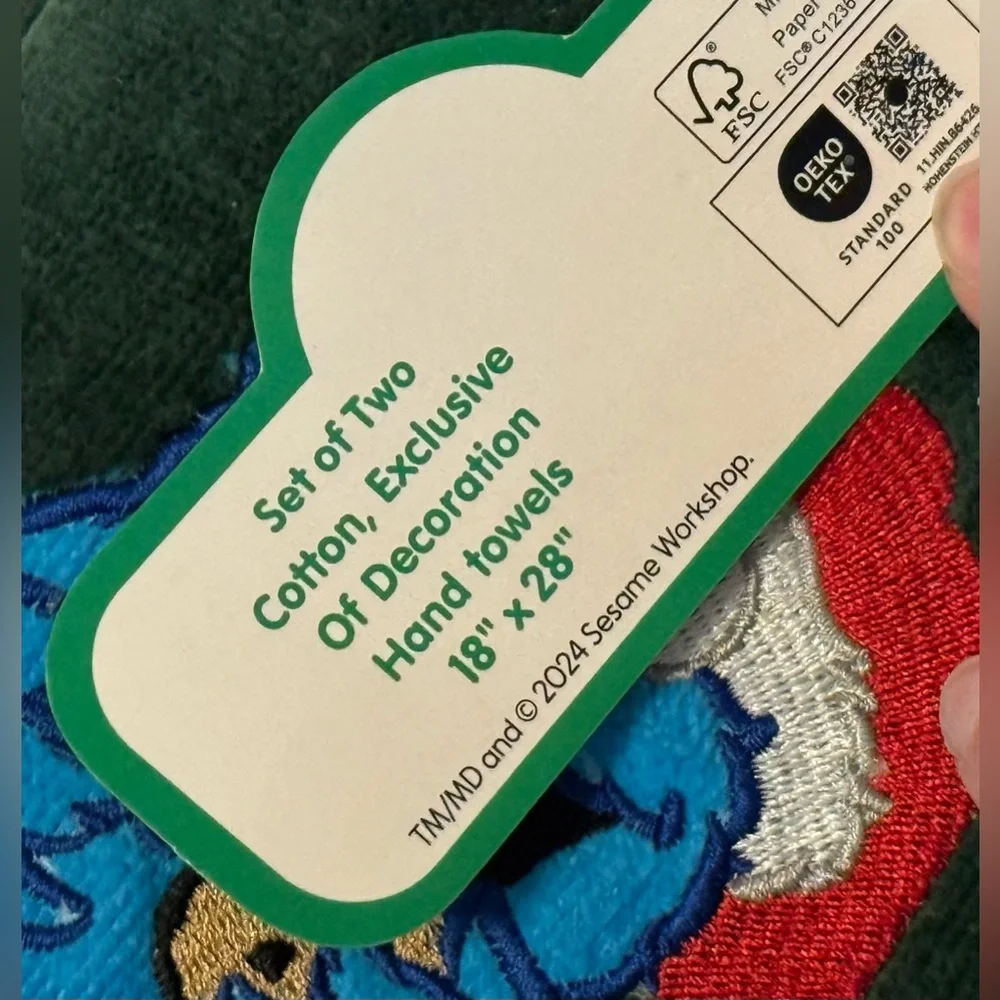 Sesame Street Set of 2 Christmas Cookie Monster Hand Towels 18x28 Inch Green NWT